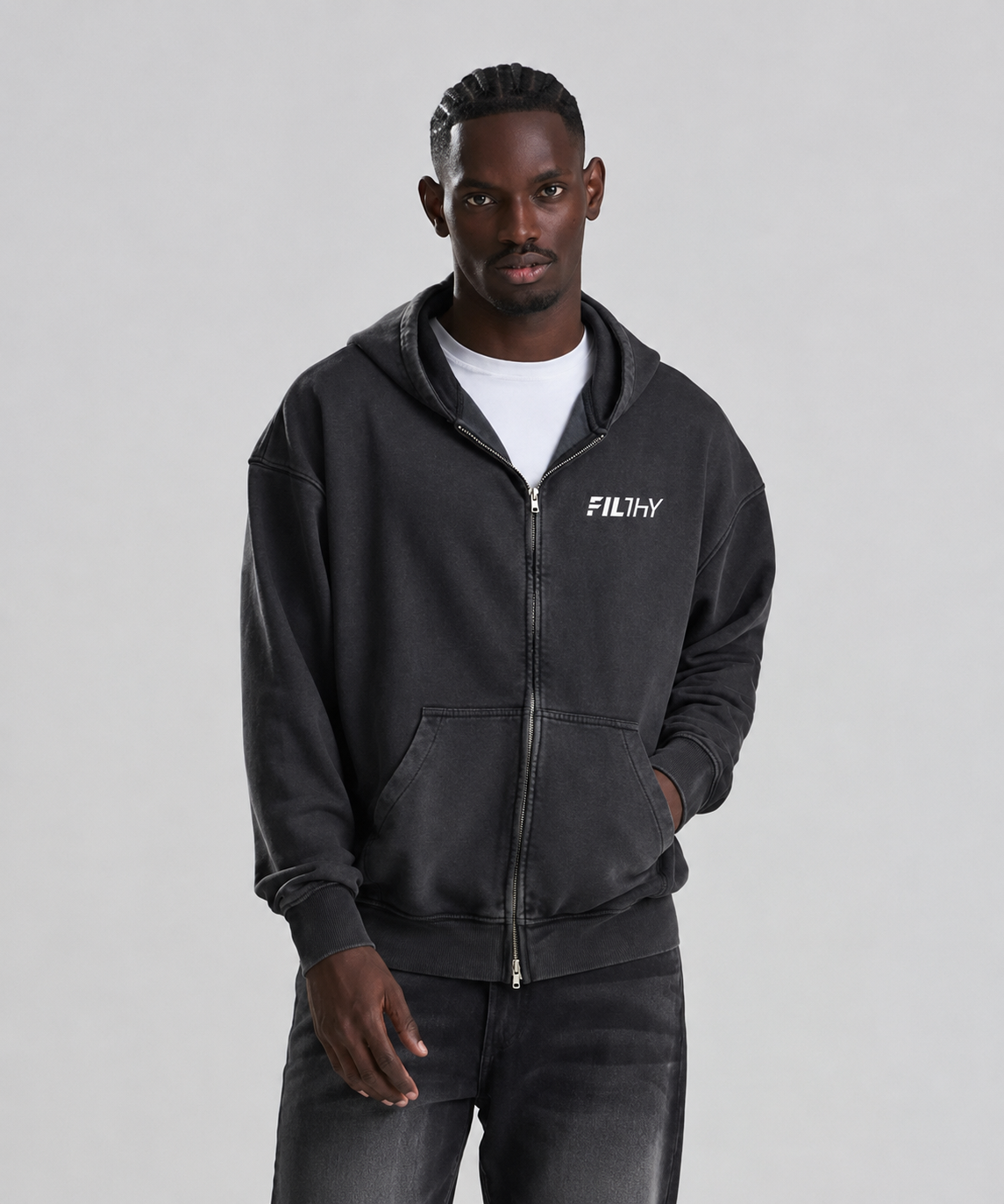 Vintage Washed Black Zipped Hoody